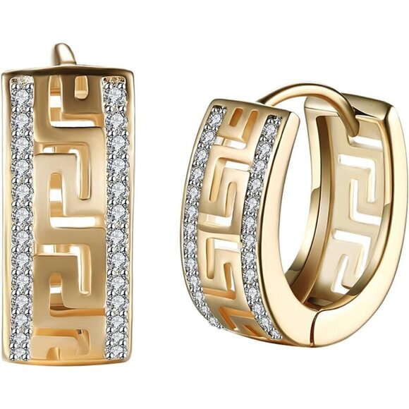 14K Gold Plated Cubic Zirconia Hoop Double Row of Diamonds Huggie Earrings - Picture 1 of 6